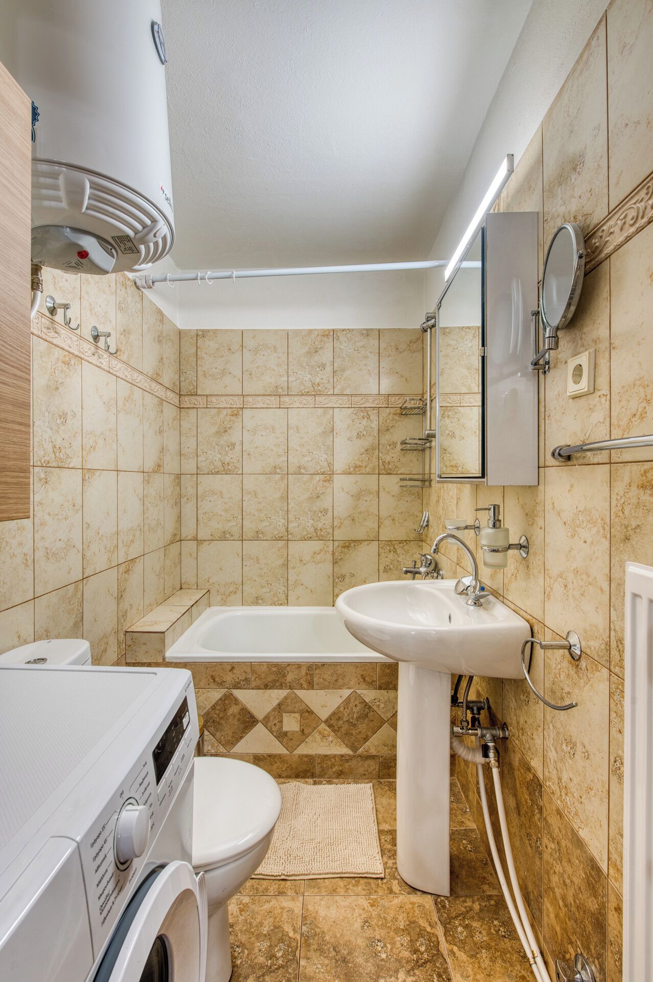 Hair dryer, towels, soap, toilet paper