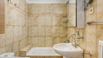 Hair dryer, towels, soap, toilet paper