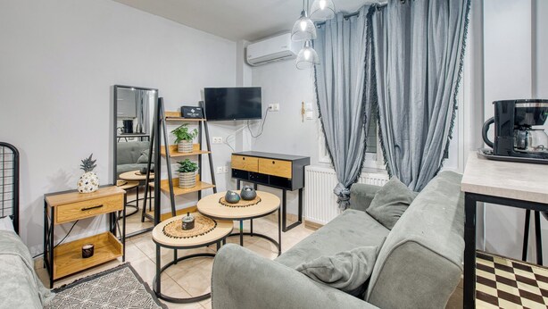 Una sala moderna con un sofá, una mesa de centro y un televisor. Hay una planta en un estante y una cafetera sobre la mesa.