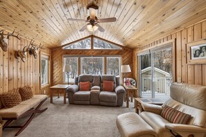 Smart TV, fireplace, books, computer monitors