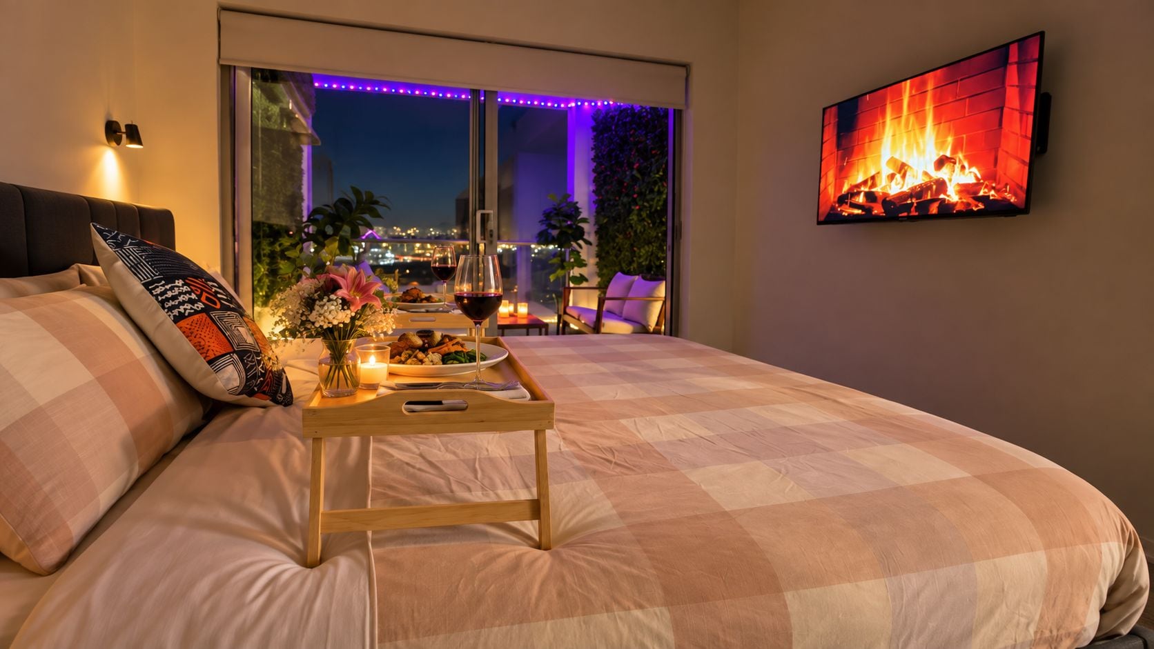 Un dormitorio con cama, mesita de noche y televisor empotrado mostrando una chimenea.