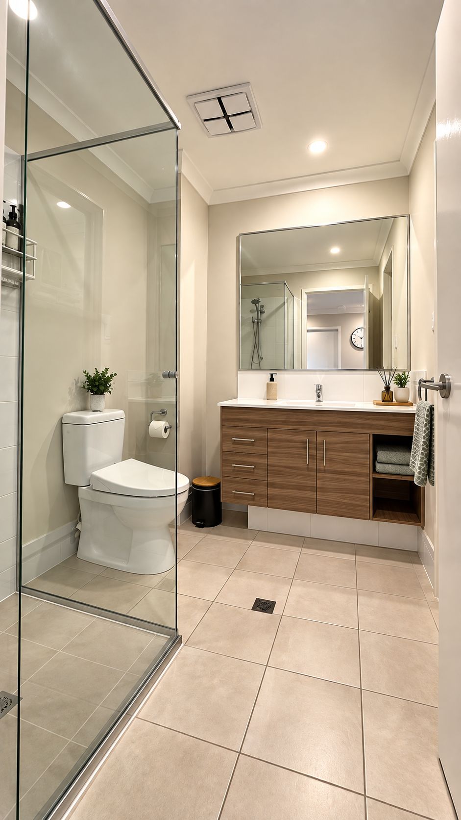 Un baño moderno con cabina de ducha de vidrio, inodoro, tocador con espejo y lavamanos.