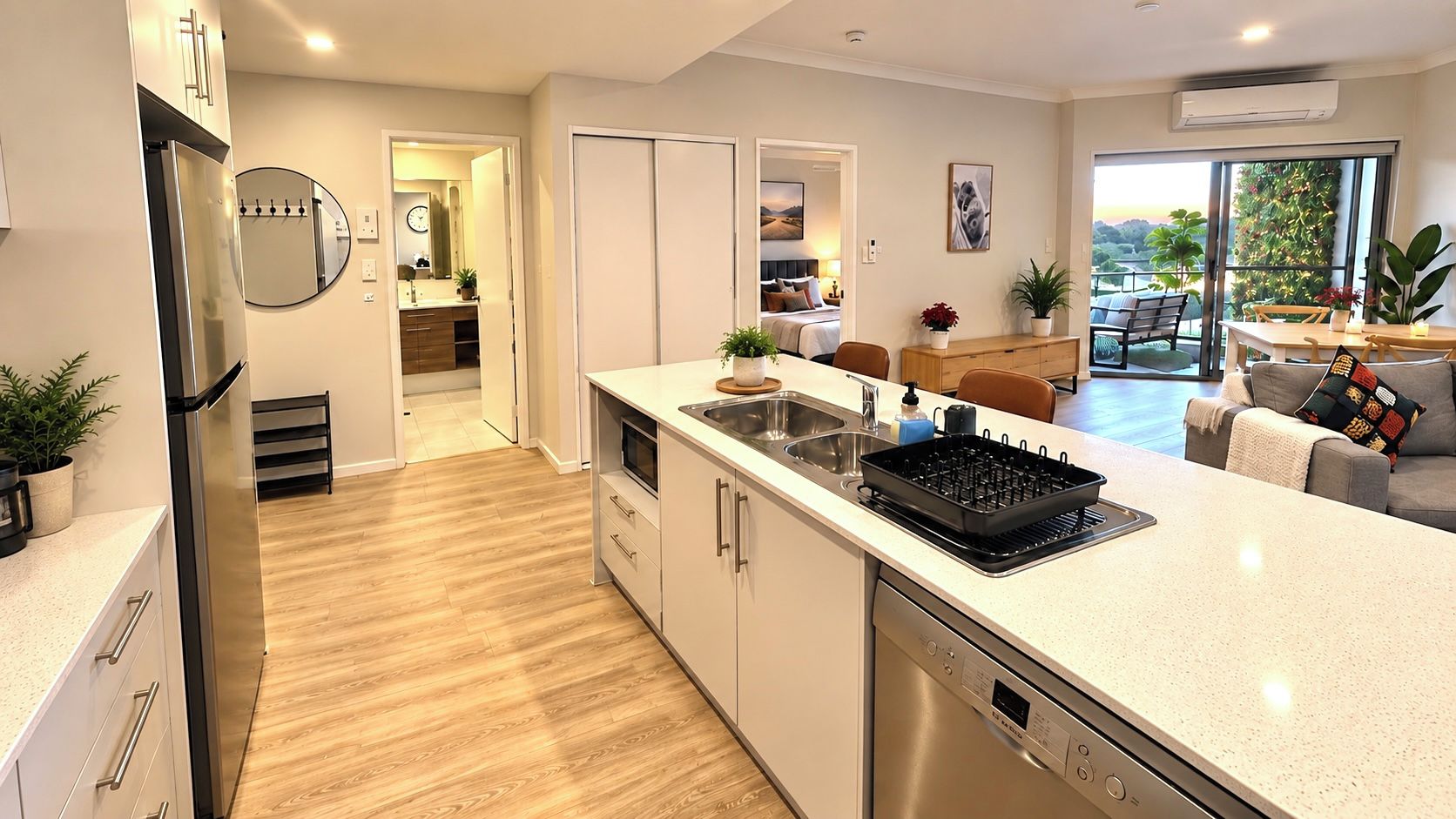 A modern kitchen with a dishwasher, a microwave, and a black grill. There is a dining area with a table and chairs.