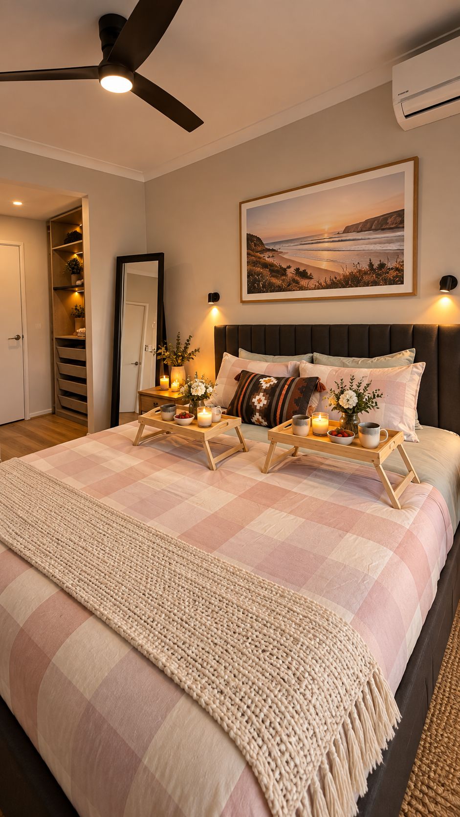 A bedroom with a large bed, bedside tables with candles, a ceiling fan, a framed landscape picture, and a built-in wardrobe.