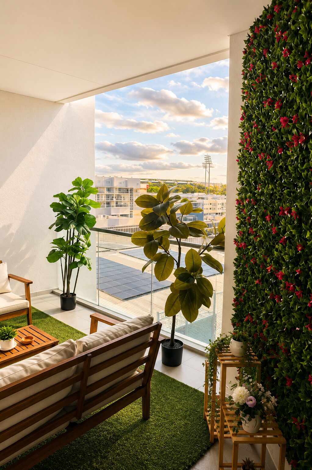 A balcony with a sofa, a coffee table, and potted plants.