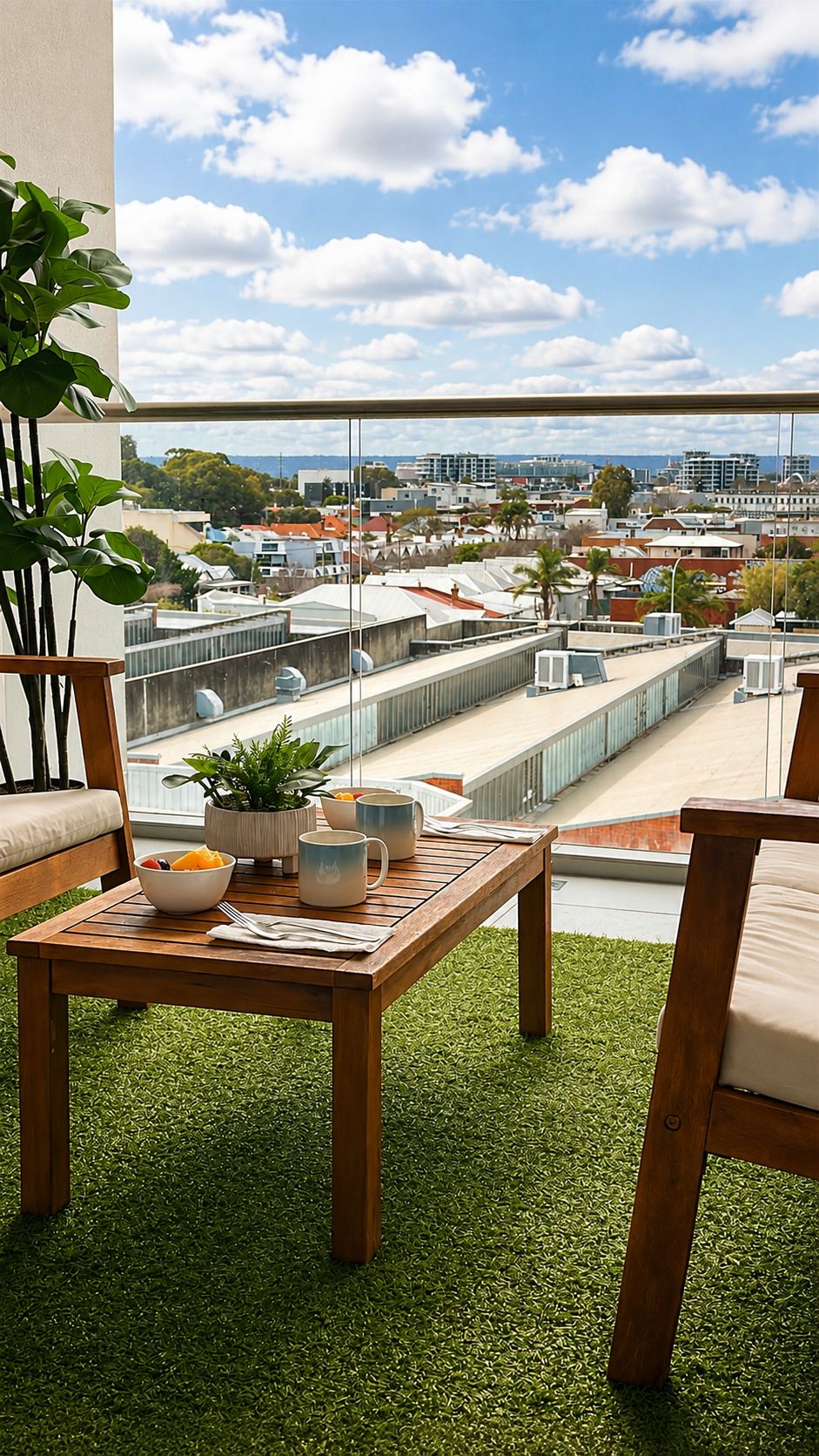 Un balcón con vistas a un paisaje urbano, una mesa de madera con un cuenco de fruta y una planta en maceta.