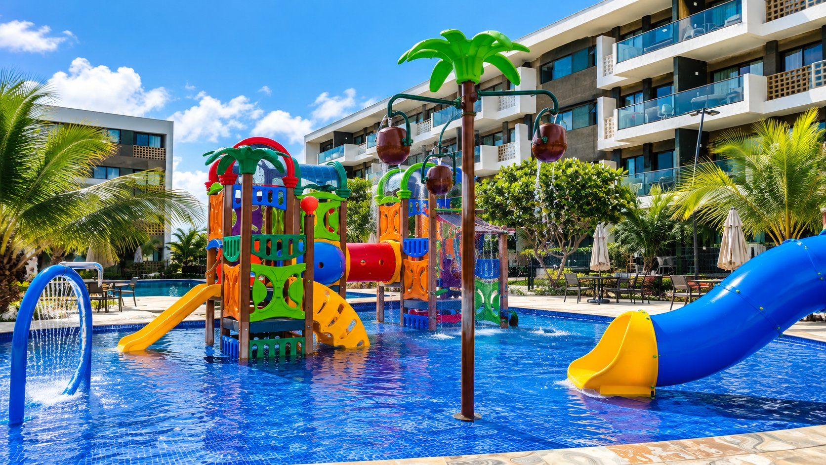 A swimming pool area with a water play structure, including slides and a water fountain.