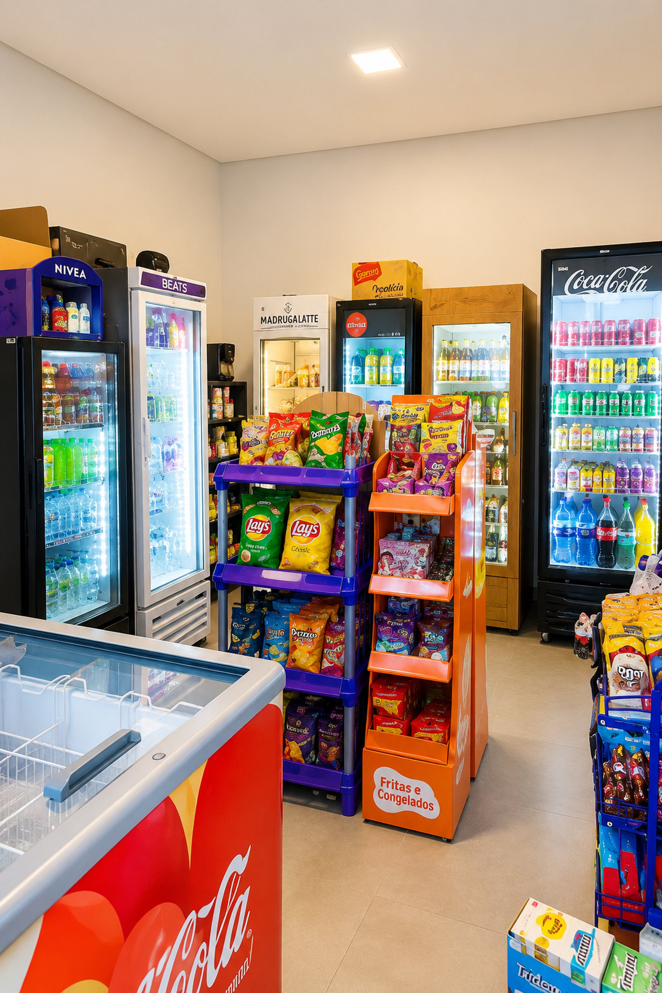 A convenience store with various refrigerated beverage dispensers, snack and confectionery shelves, and a Coca-Cola cooler.