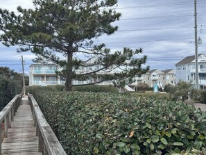 A wooden boardwalk leading to a residential area with houses and a large tree. - Volare at the Sea 
3-bedroom townhome with Ocean View and Pool (North Topsail Beach)