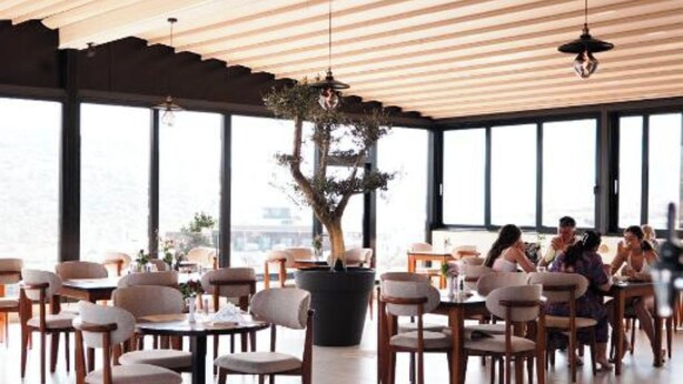 A modern restaurant with wooden ceiling slats, large windows, and a central potted plant. - Hotel Natica (Ksamil)