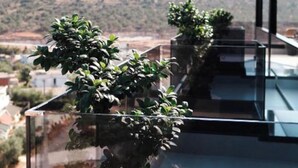 A balcony with potted plants and a view of a hilly landscape. - Hotel Natica (Ksamil)