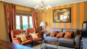 TV, fireplace, books