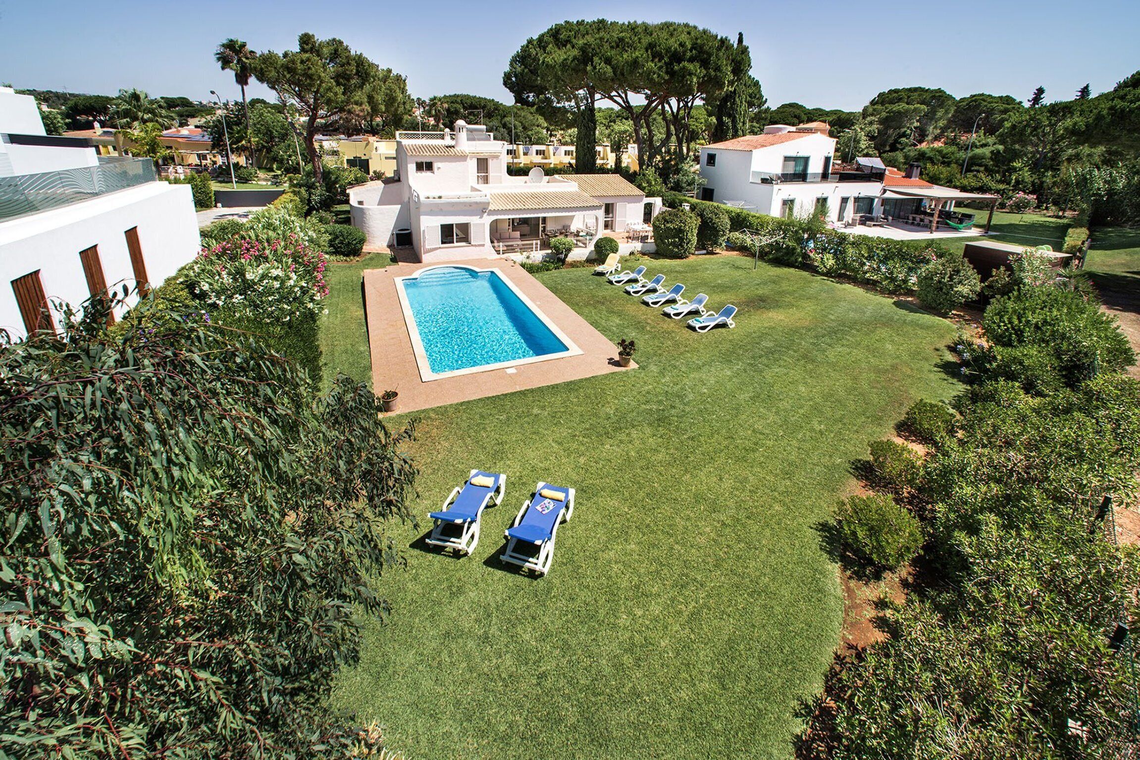 A residential area with a swimming pool, lounge chairs, and a well-maintained lawn.