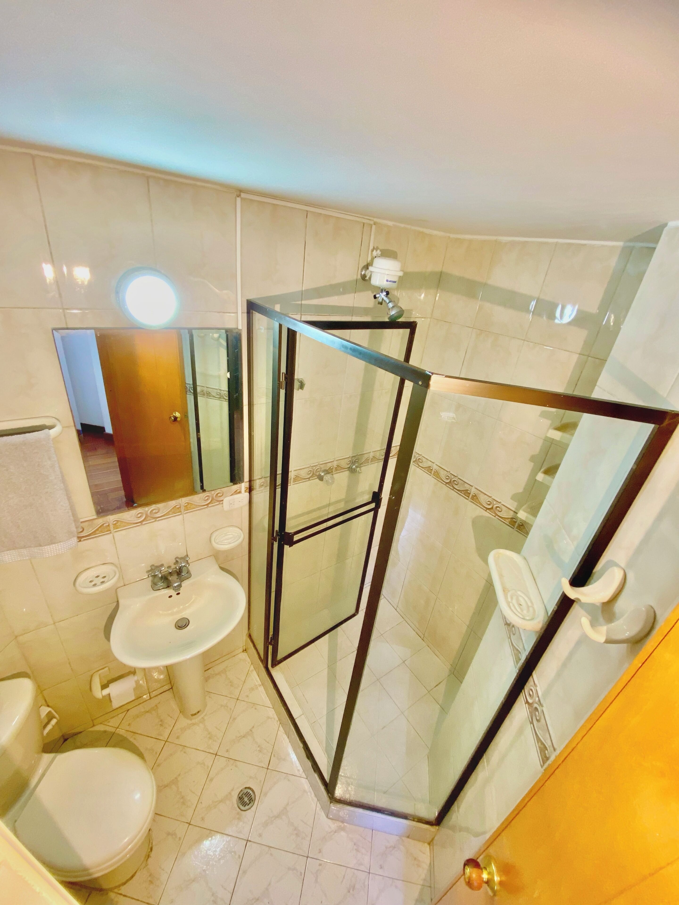 Shower, towels, toilet paper