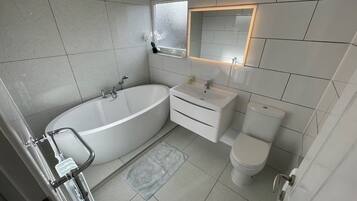 Ducha, secador de pelo, toallas, jabón