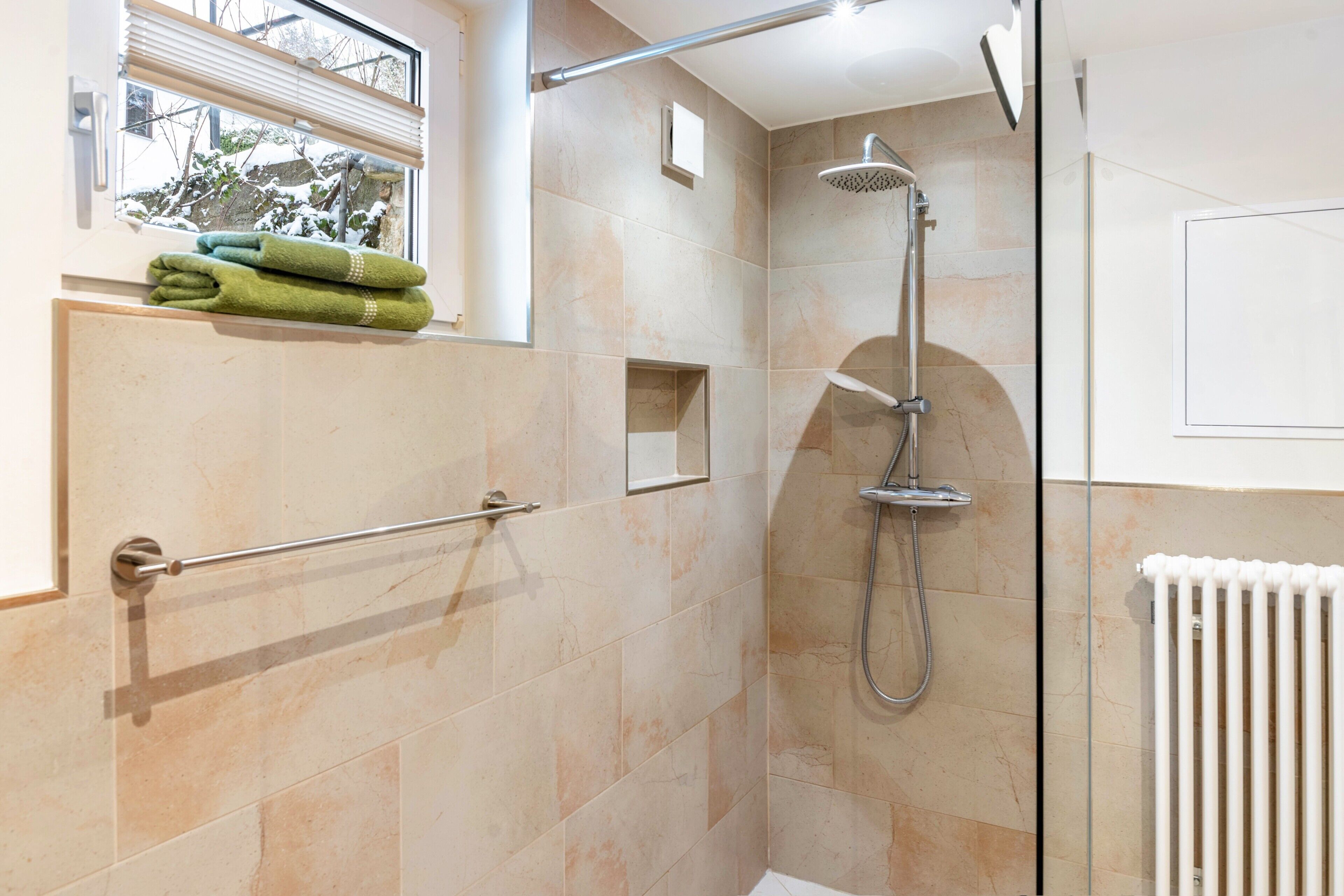 Shower, hair dryer, towels