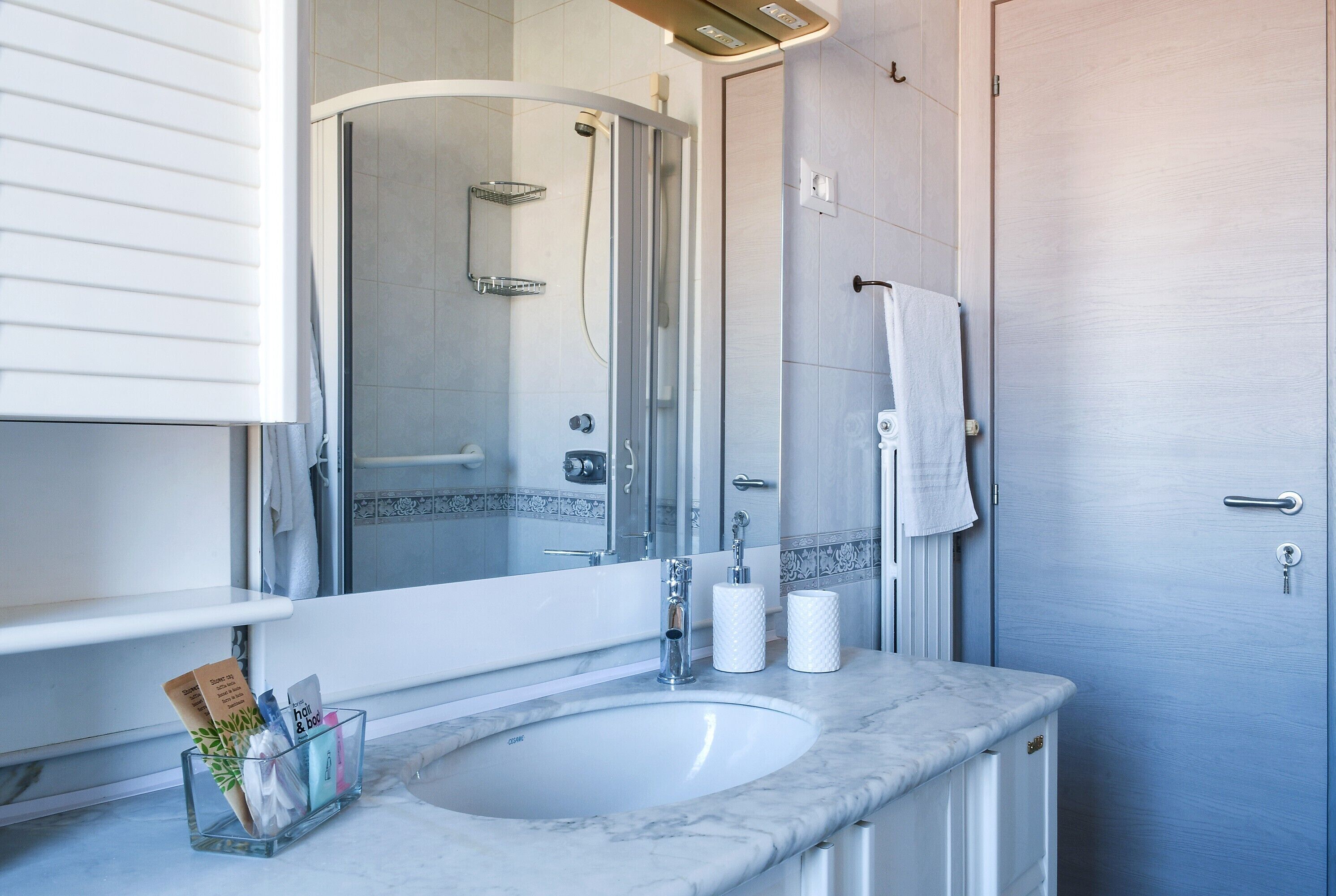 Shower, hair dryer, bidet, towels