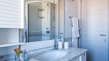 Shower, hair dryer, bidet, towels