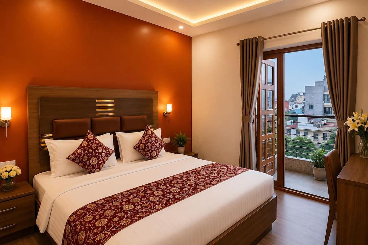A hotel room with a large bed, a nightstand, a potted plant, and a view of the city through a balcony.