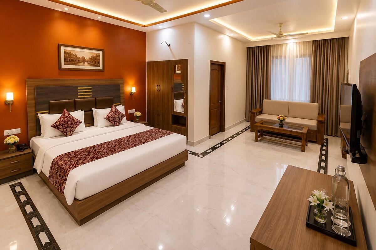 A hotel room with a large bed, a sofa, a TV, and a desk with a tray of glasses and flowers.