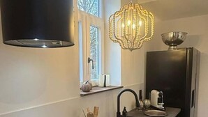 A modern kitchen with a black stove, a sink, and a black refrigerator. There is a window with a view of trees outside. - Enchanting Cottage Retreat in Konigsee (Konigsee)