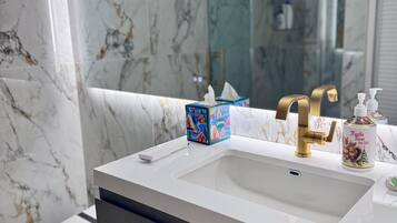 Shower, hair dryer, bidet, towels