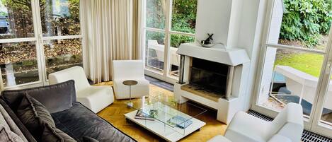 Smart TV, chimenea, reproductor de DVD y libros