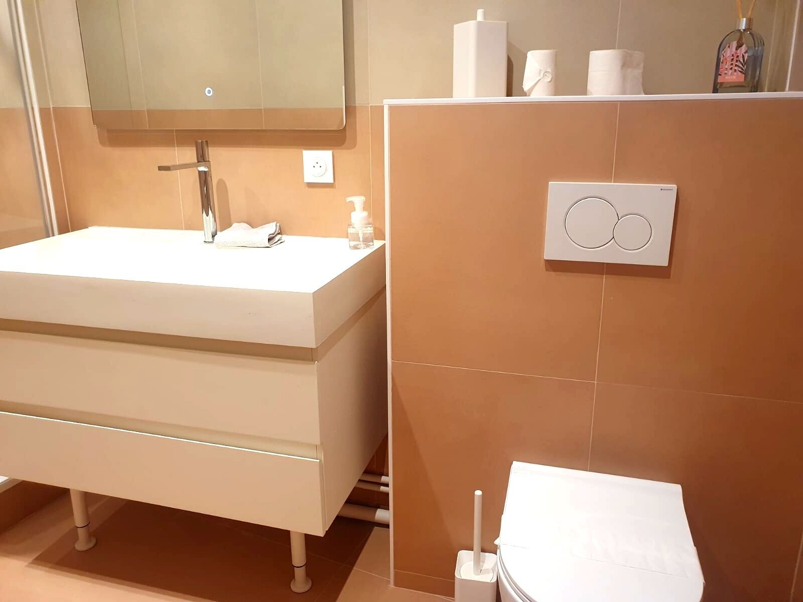 A modern bathroom with a white vanity, a large mirror, a toilet, and a wall-mounted bidet.