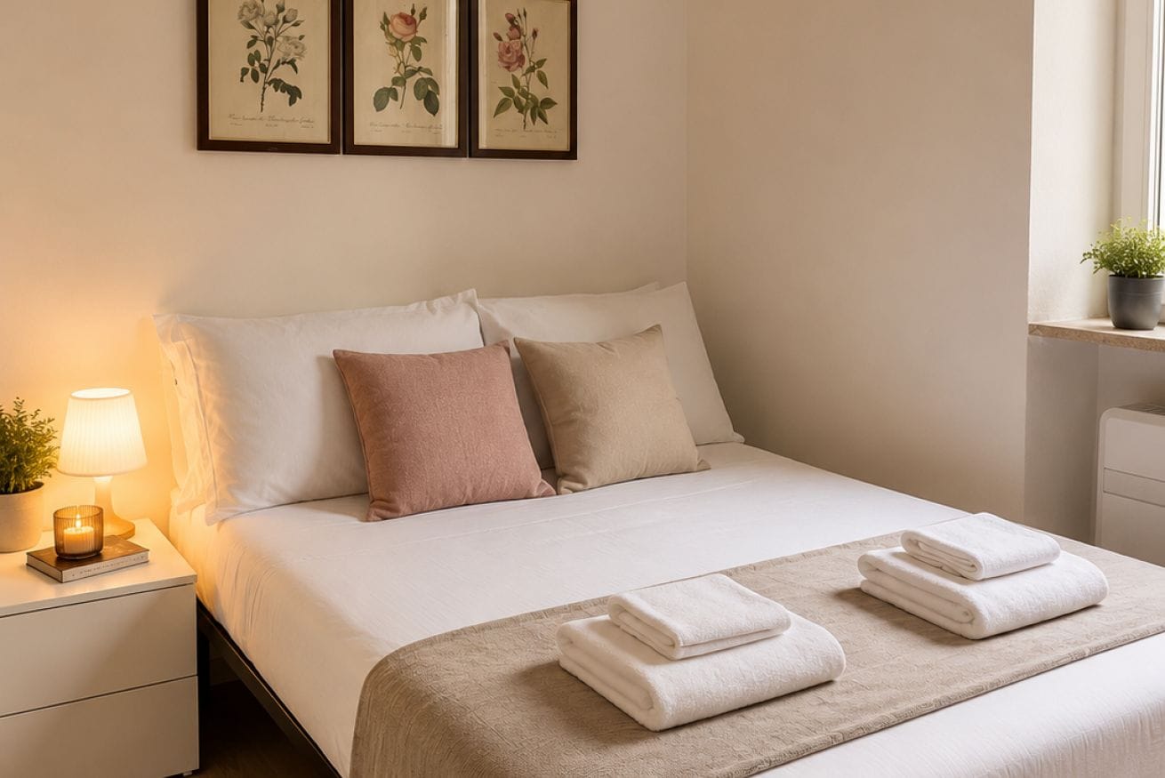 Ein ordentlich bezogenes Bett mit einer beigen Tagesdecke und Kissen, ein Nachttisch mit Lampe und Buch, sowie gerahmte Pflanzenprints an der Wand.