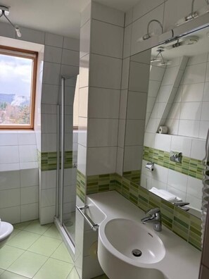 Dusche, Haartrockner, Handtücher, Seife