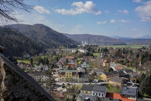 Une ville où se côtoient des bâtiments résidentiels et industriels, entourée de collines et dominée par un ciel dégagé.