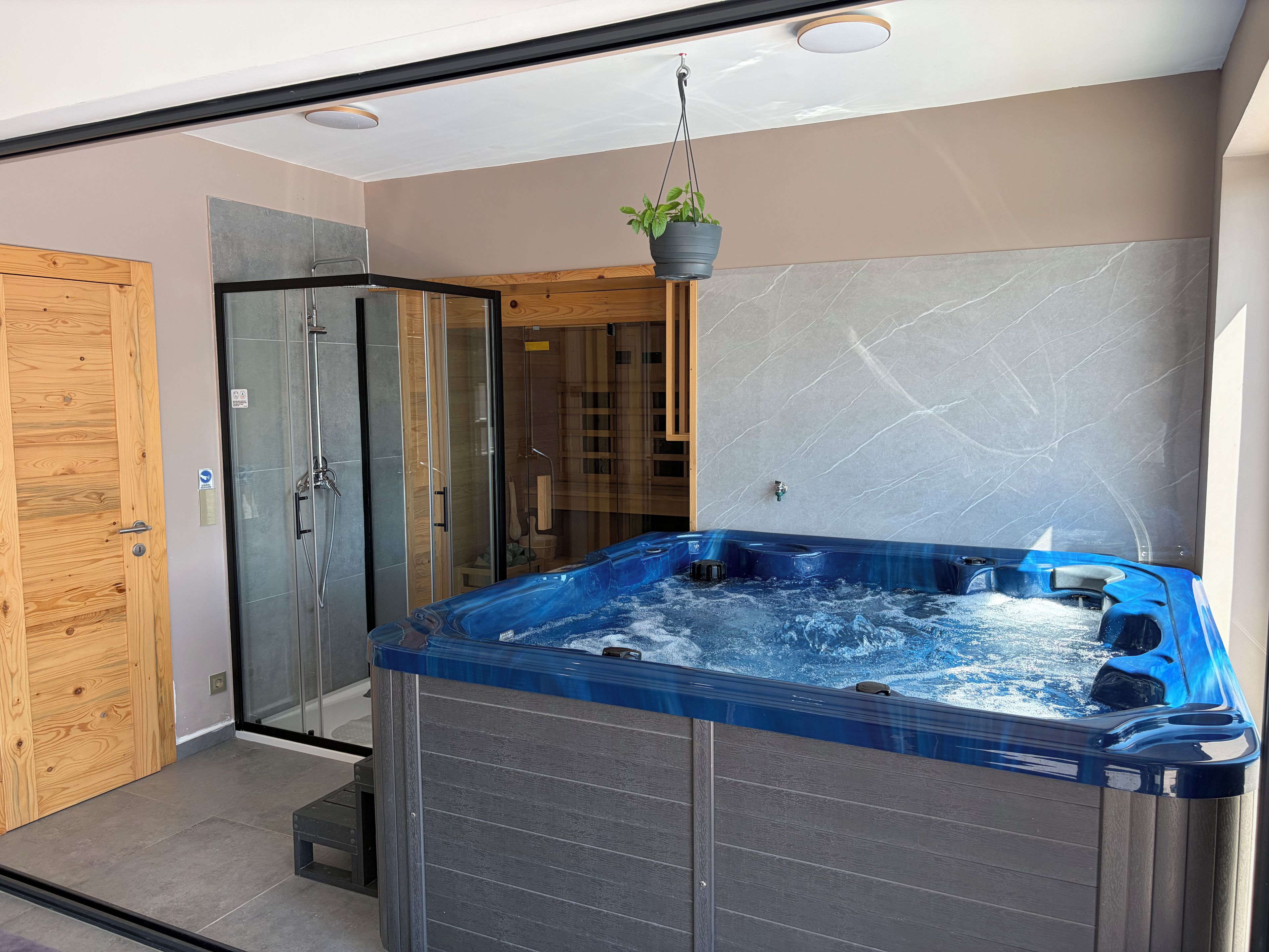 A modern bathroom with a glass shower enclosure, a wooden door, and a hot tub.