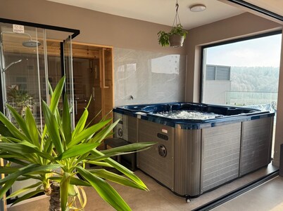 Modern villa with pool, jacuzzi, and sauna for relaxation and family getaway.