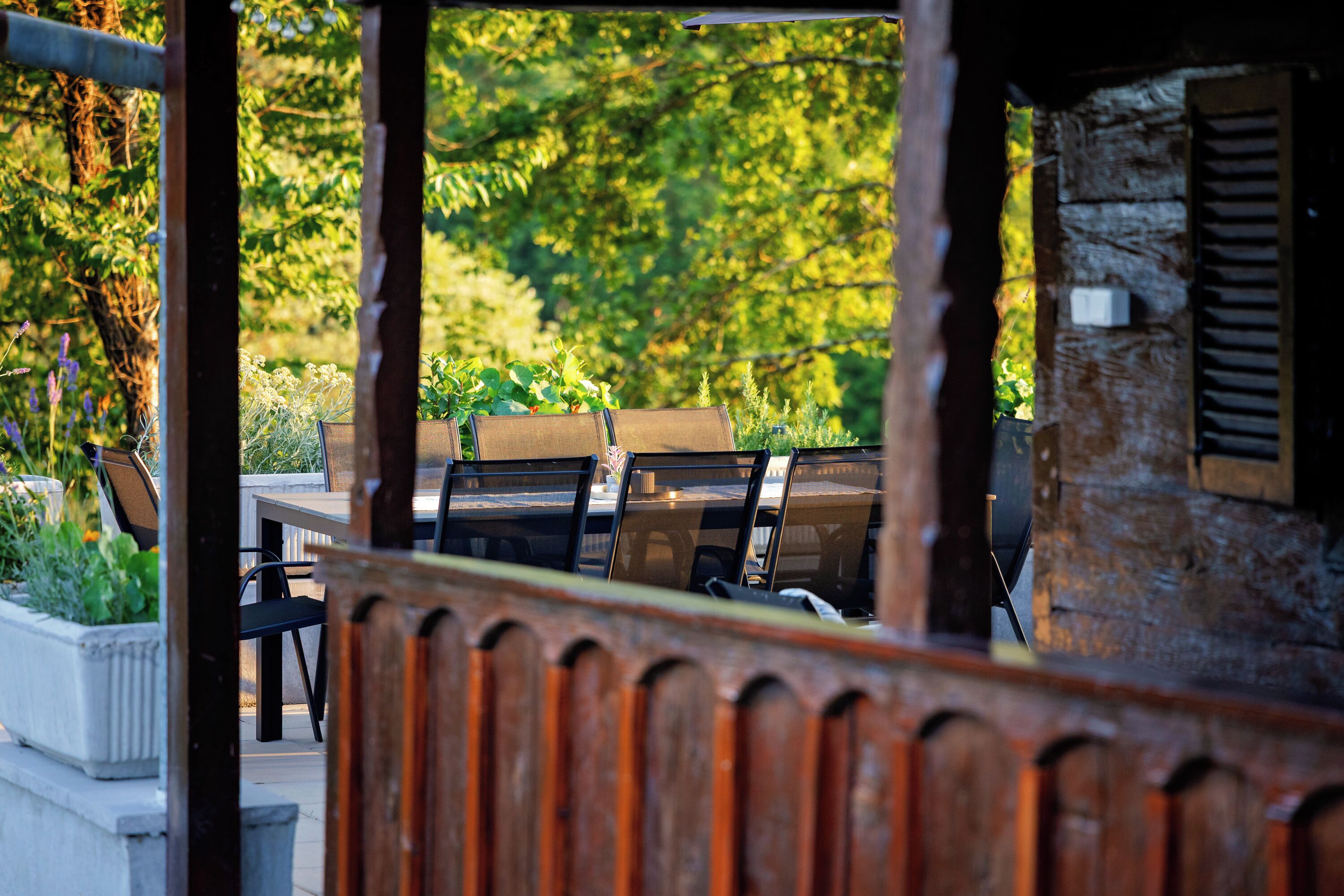 An outdoor seating area with tables and chairs, surrounded by greenery and trees.
