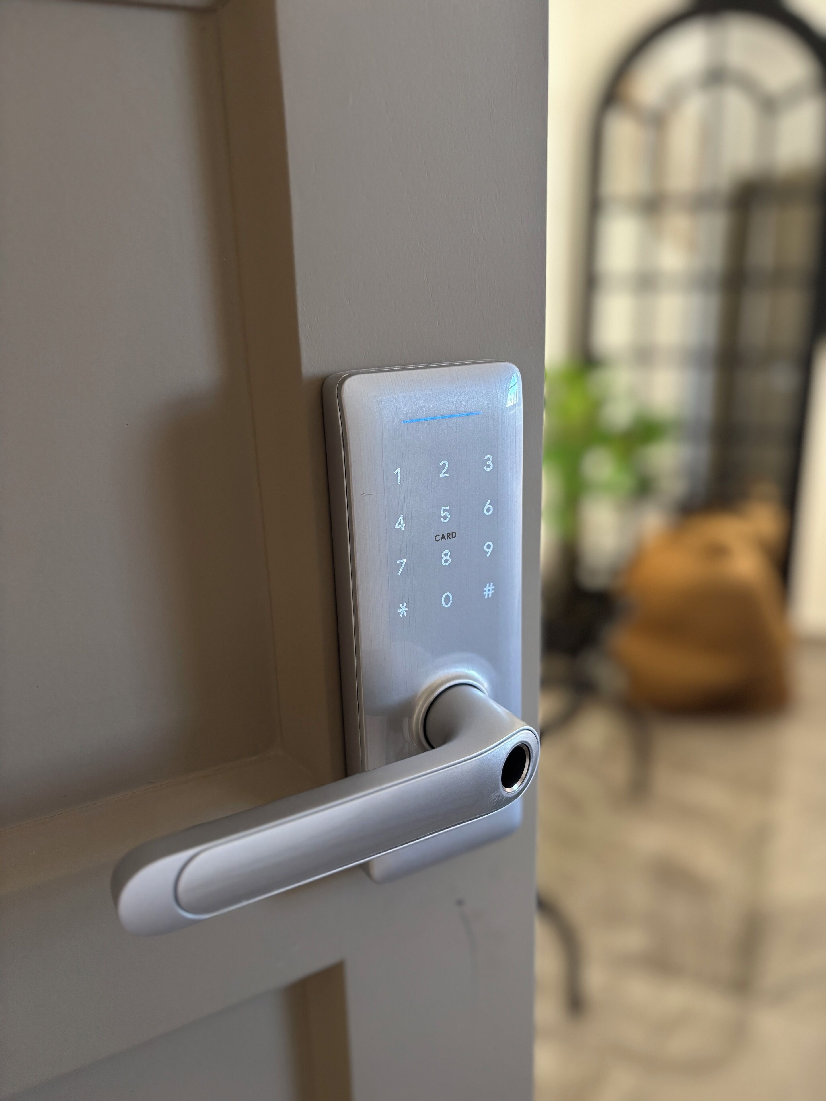 A door with a numeric keypad lock.