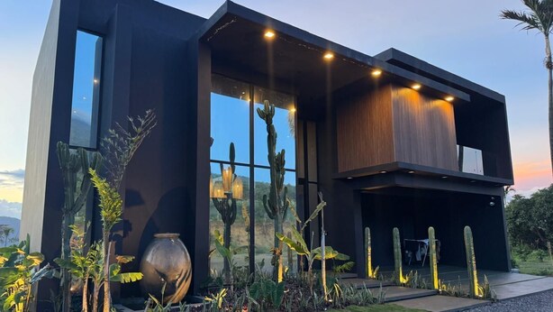 Una casa moderna con amplios ventanales, un patio y una variedad de plantas, incluyendo cactus y follaje tropical.