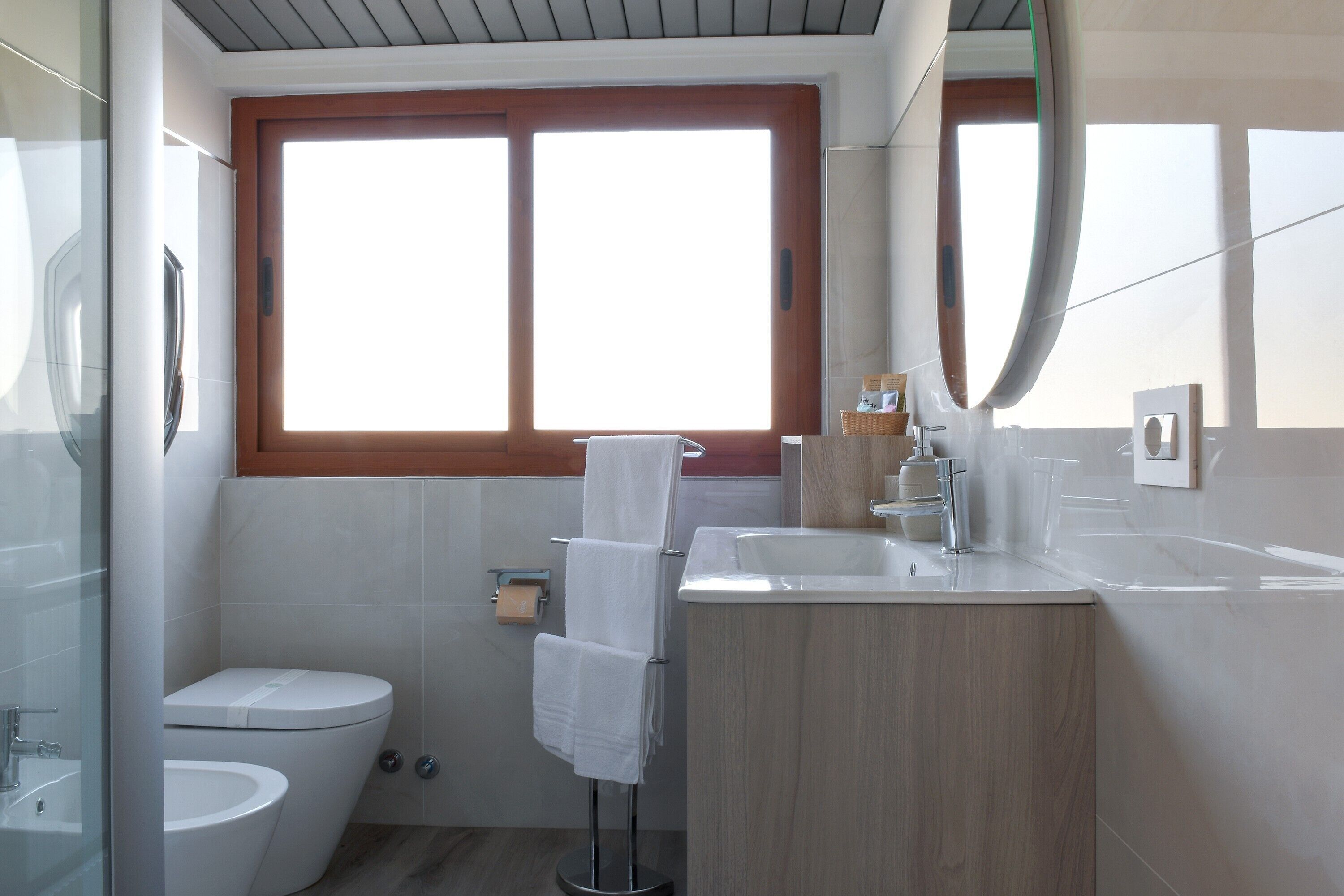 Shower, hair dryer, bidet, towels