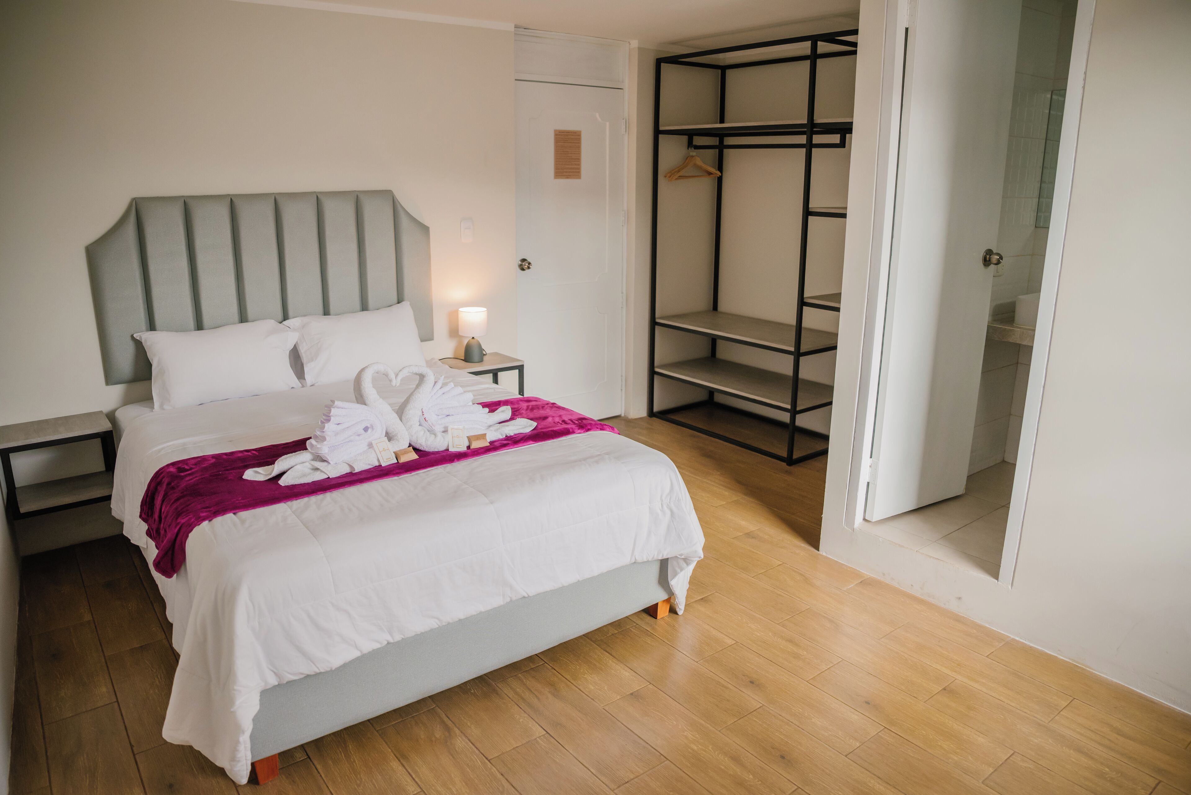 A neatly made bed with white linens and a pink throw, a bedside table with a lamp, and a wardrobe with a hanging rack.