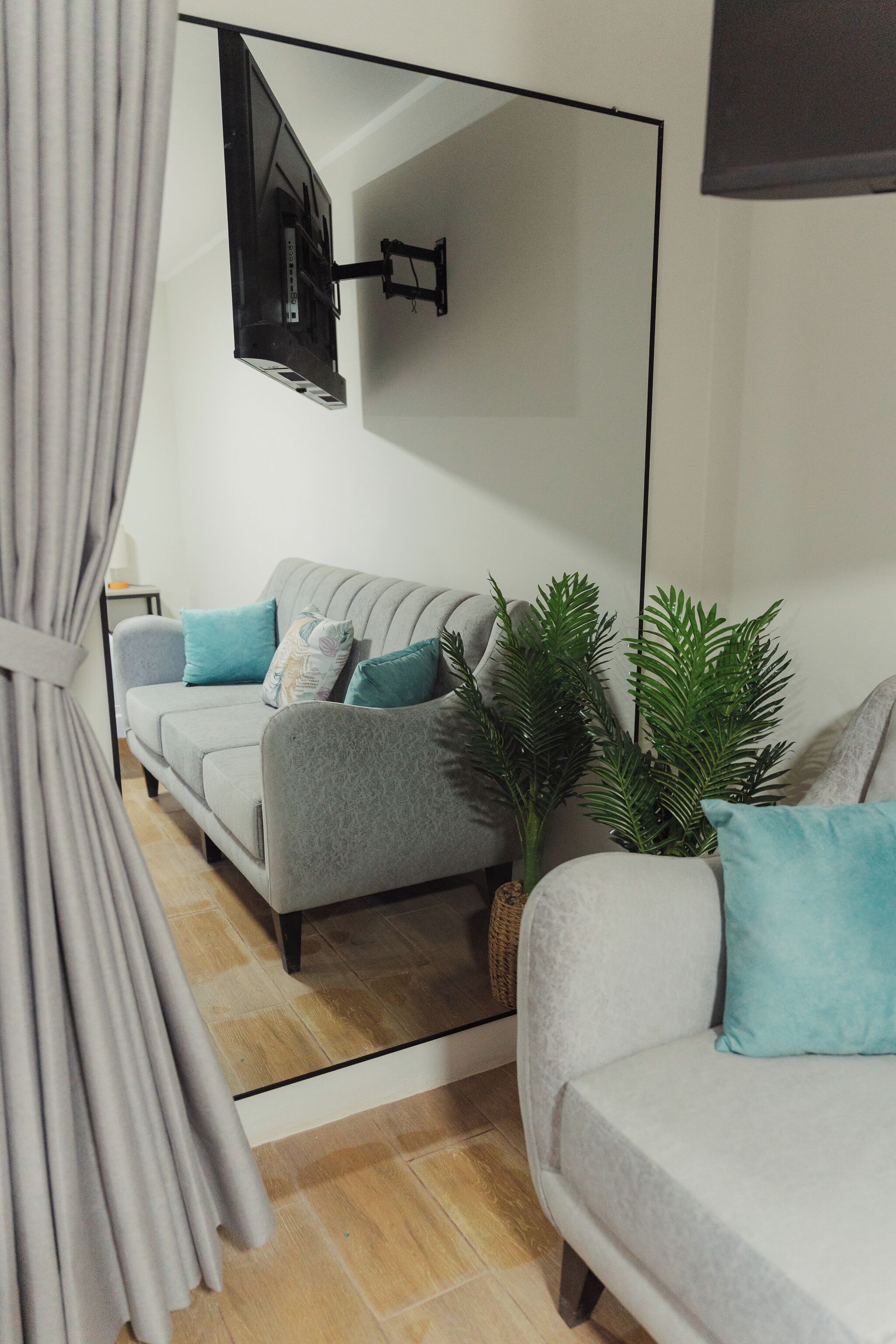 Een moderne woonkamer met een grijze bank, een flatscreen televisie aan de wand en een plant in een pot.