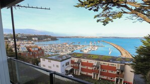Un pueblo costero con un puerto deportivo, edificios residenciales y una vista despejada del mar.