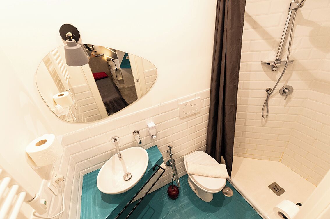 Shower, hair dryer, soap, shampoo