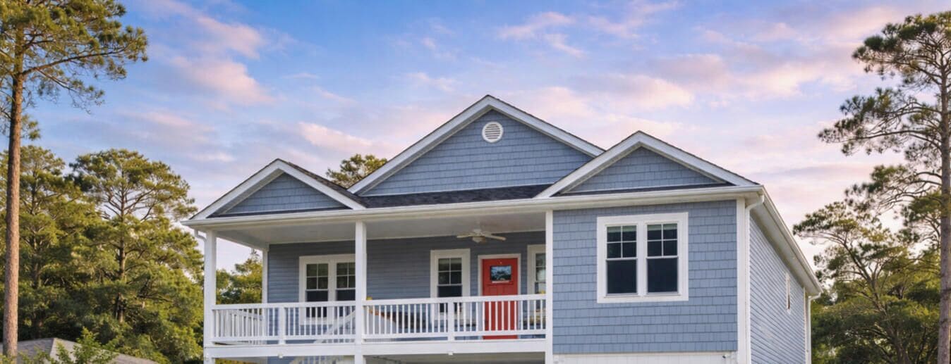 A two-story house with a covered porch, a garage, and a fenced yard.