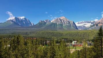 A lodge with a view of snow-capped mountains and dense forest.