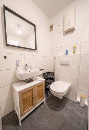 Dusche, Haartrockner, Handtücher, Seife