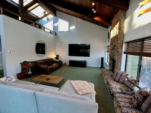 Älytelevisio, takka, DVD-soitin, musiikkikirjasto