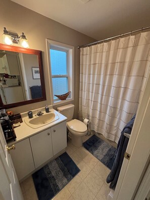 A bathroom with a sink, toilet, and shower curtain. - Minutes from Butchart Gardens on a secluded 5 acre estate. (Saanichton)