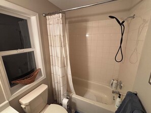 Hair dryer, towels, soap, toilet paper