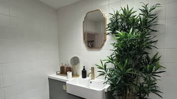 Hair dryer, towels, soap, toilet paper