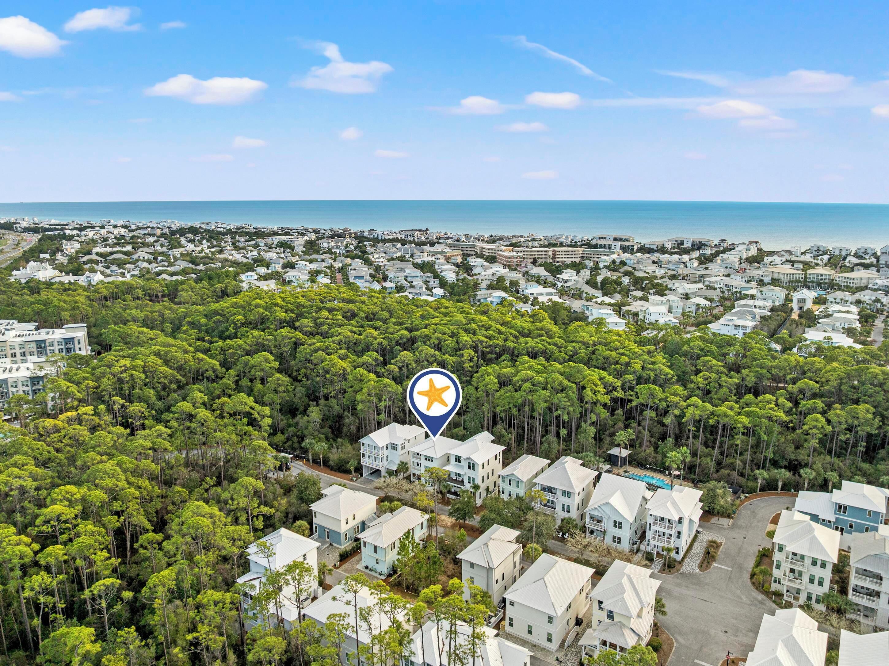 An aerial view of a residential area with a dense forest in the foreground, a clear blue sky, and a coastline in the background.