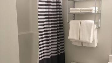 Hair dryer, towels, soap, toilet paper